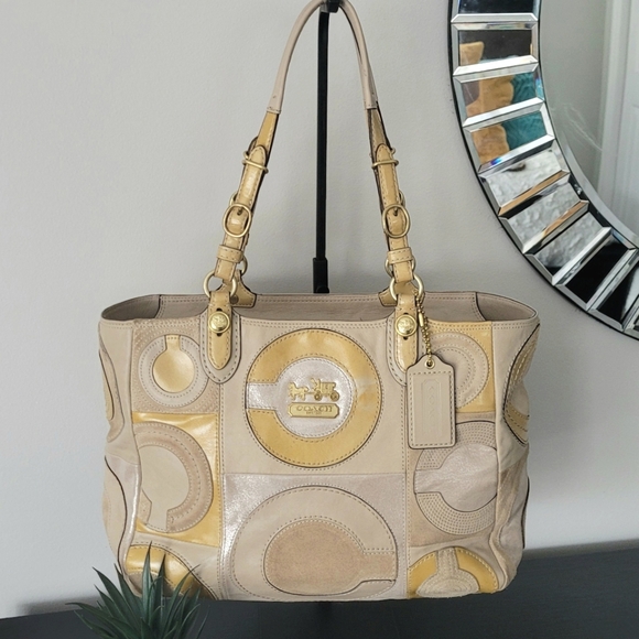 Coach Beige and Yellow Leather/Suede Tote - Picture 4 of 13